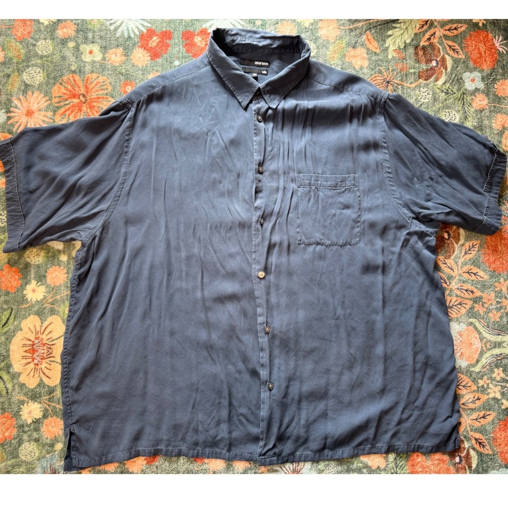 Murano Mens 3X Silk Short Sleeve Button‎ Down Shirt Navy Blue Textured Pocket
